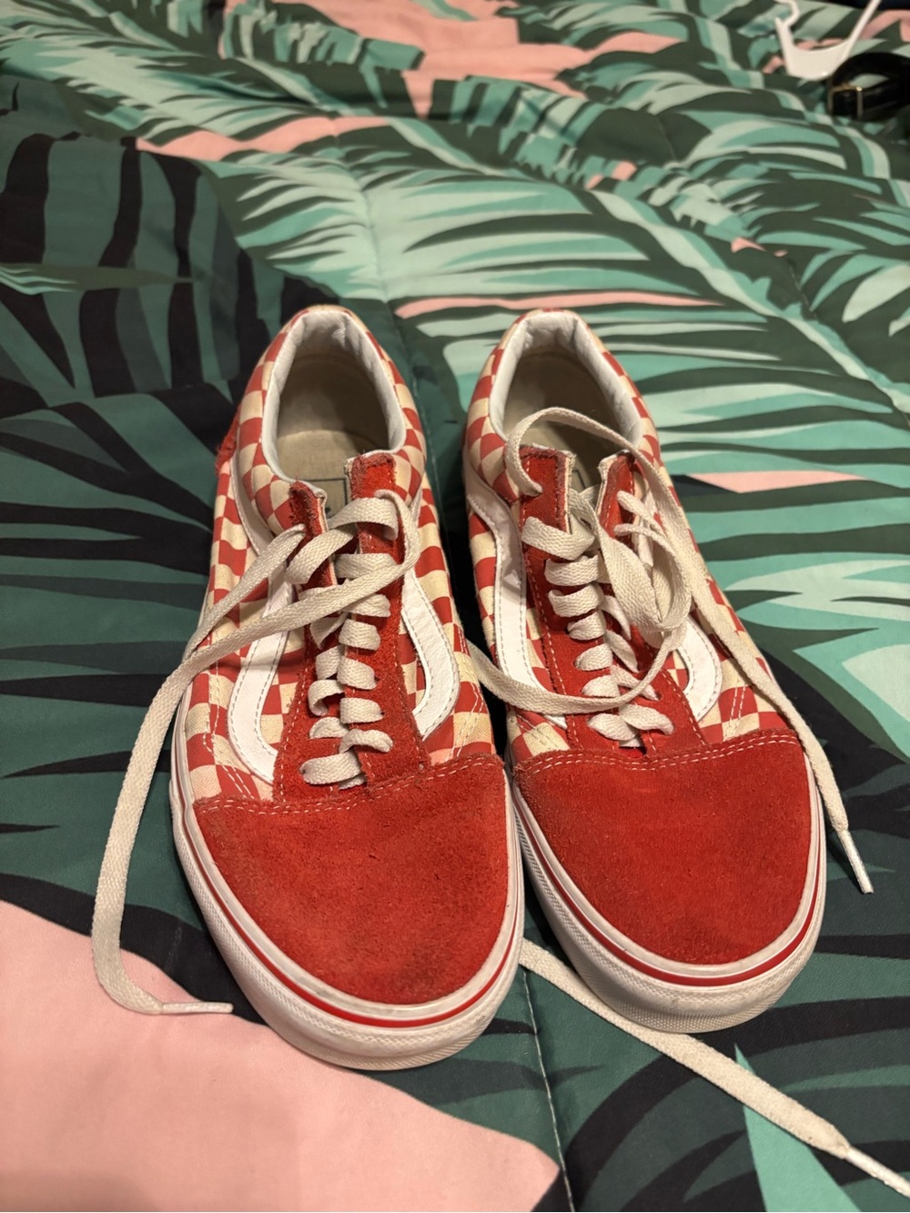 Vans Women's Red and White Checkerboard Old Skool Sneakers